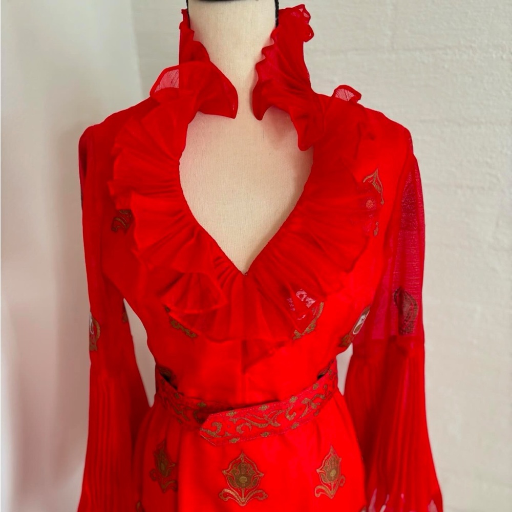 VTG Alfred Shaheen CHIFFON red dress avant- guard Hawaiian metallic luxury - Picture 2 of 3